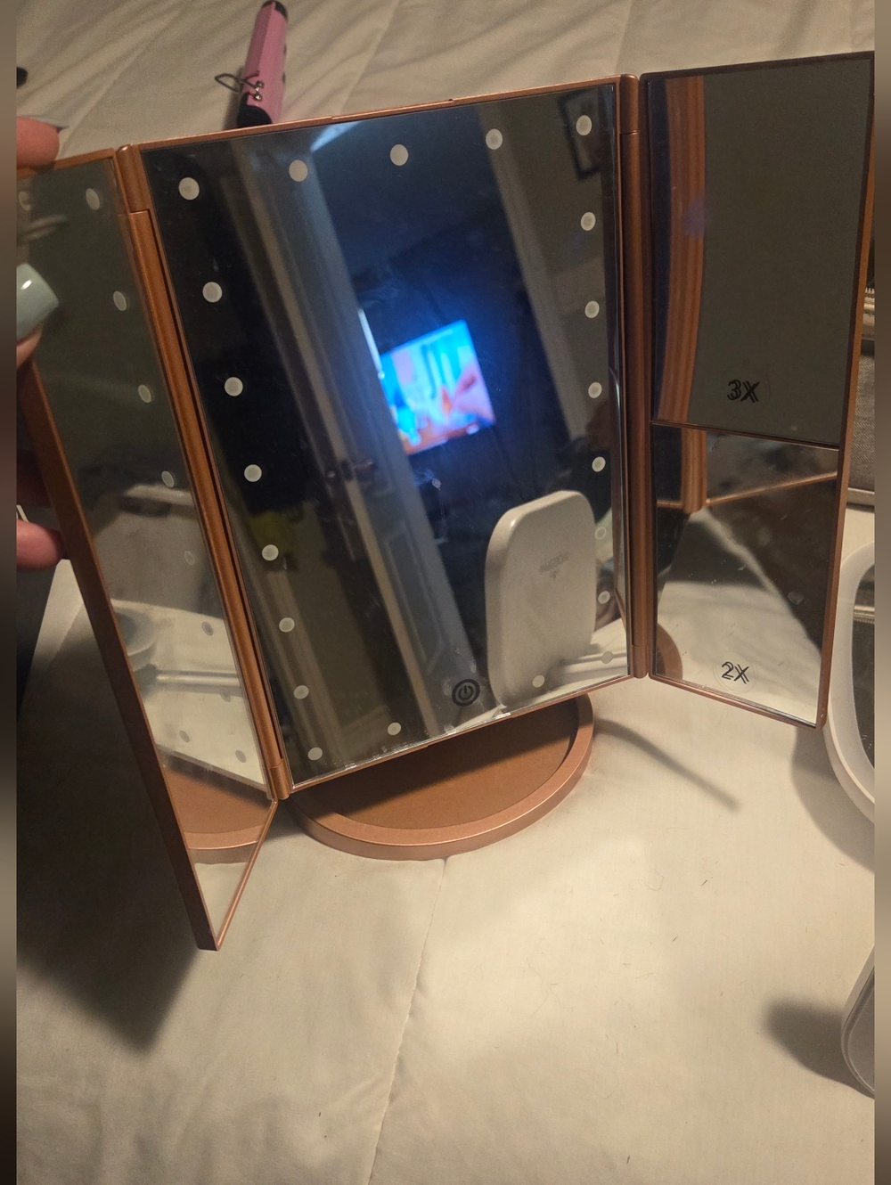 LED Tri-Fold Vanity Mirror in Rose Gold